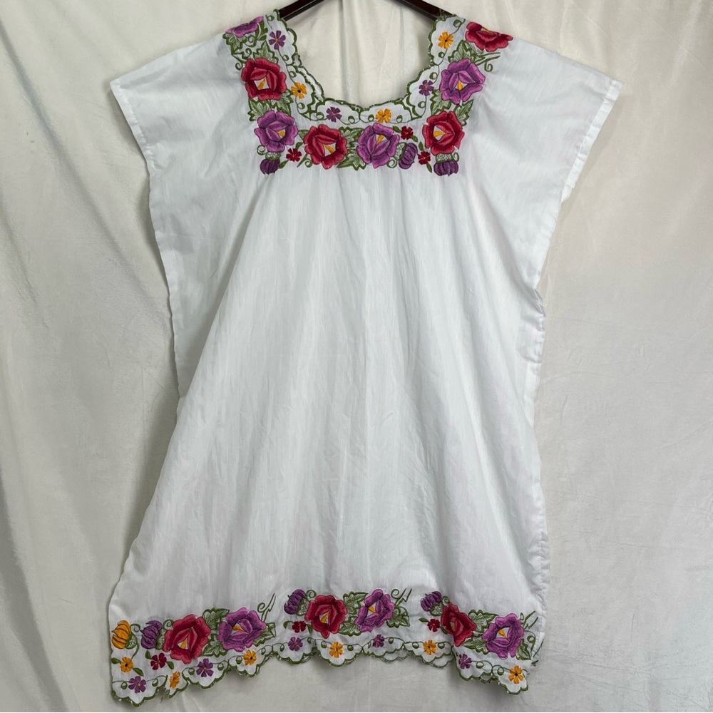 Mexican Hand Embroidered Huipil Shirt Dress One Size Lightweight Semi Sheer Cute